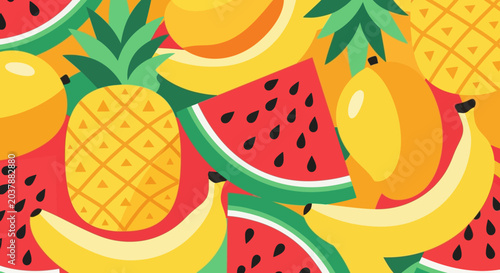 Schilderij op canvas Vibrant Tropical Fruit Pattern: Pineapple, Watermelon, Banana, Mango
