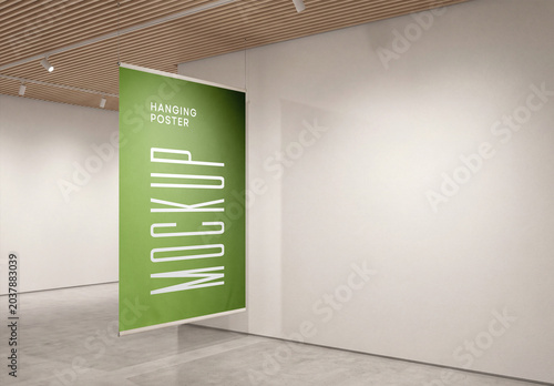 Vertical large hanging poster banner mockup in a modern art gallery interior hall with concrete floor and white wall background