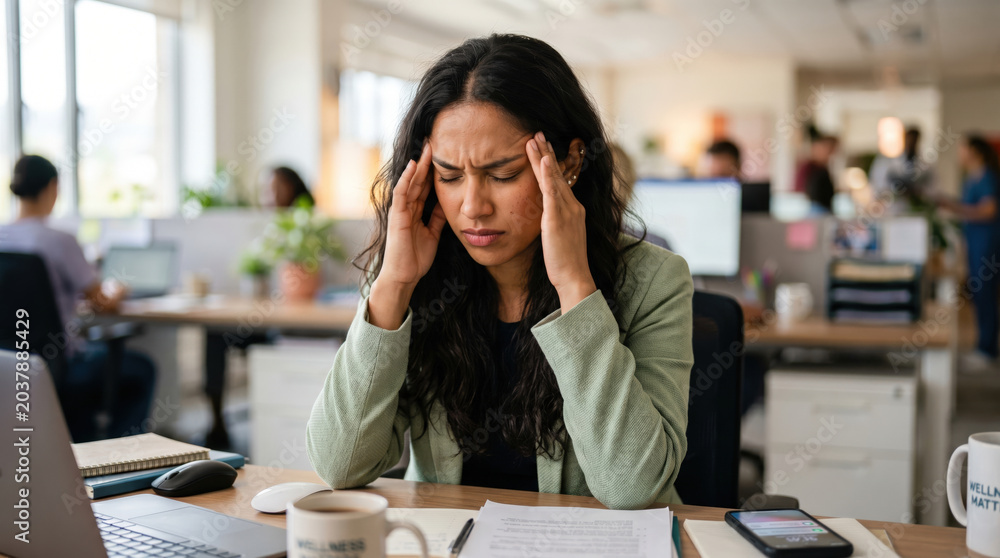 Fototapeta premium Stressed professional woman clutches her head at a busy desk in