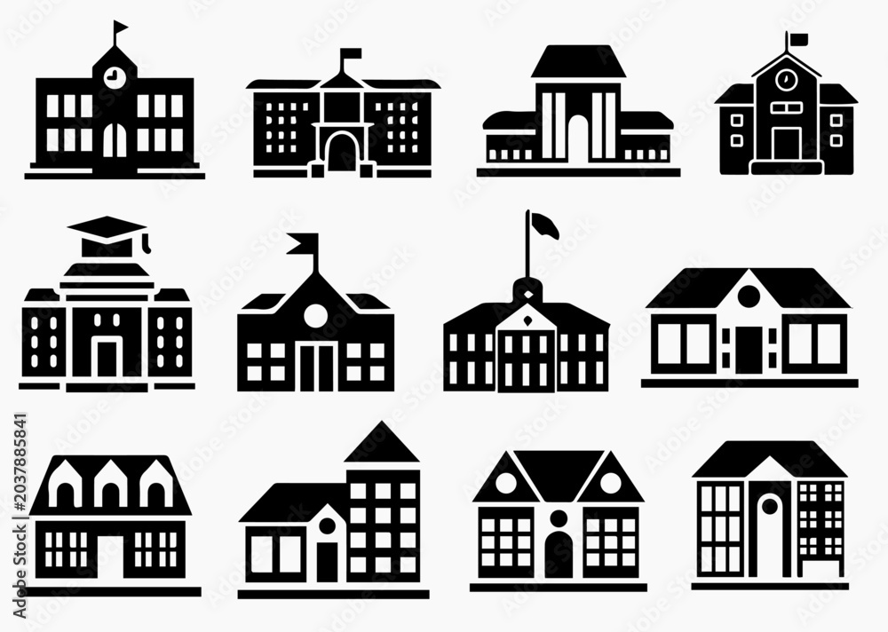 Fototapeta premium School building vector icon with clock and flag