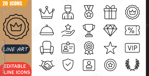 Isolated VIP Service Experience Icons Set, 20 editable line art icons set, luxury membership, premium rewards, exclusive benefits, loyalty status, outline vector, simple outline signs