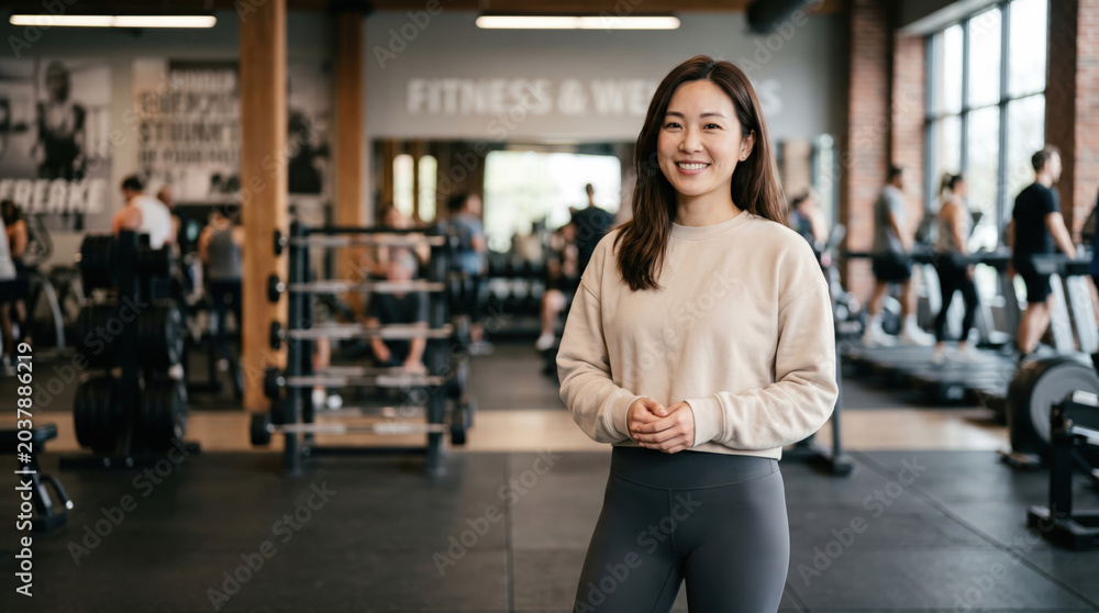 Fototapeta premium Young Asian woman smiles warmly in a bright, modern fitness gym