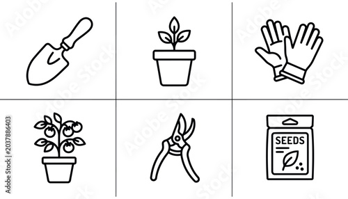 Minimalist Line Art Illustration of Gardening and Plant Care Scene