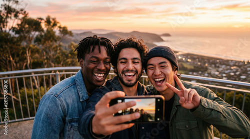 Three diverse happy friends capture a joyful selfie at a scenic