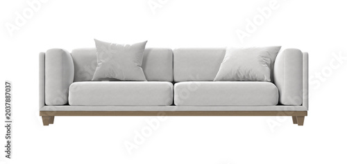 Modern Tuxedo Sofa with Wooden Plinth Base Front View on White Background