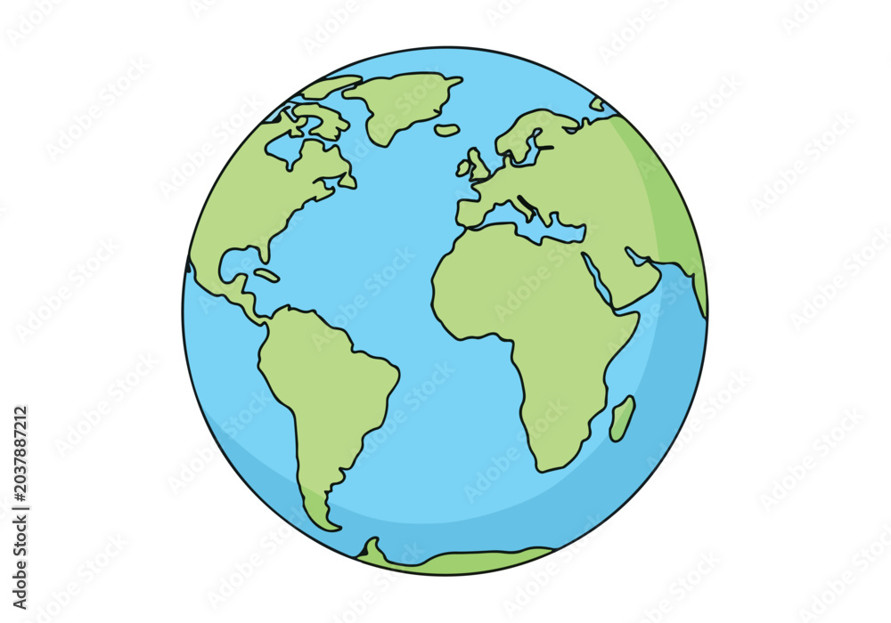Fototapeta premium A colorful cartoon illustration of the Earth with green continents and blue oceans on a white background