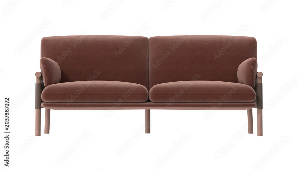 Fototapeta premium Modern Scandinavian Two Seater Sofa with Velvet Upholstery and Wood Frame Front View on White Background