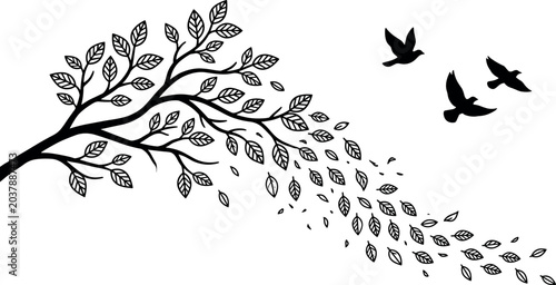 Bild auf Leinwand Tree Branch Silhouette with Blowing Falling Leaves and Flying Birds Vector Illus