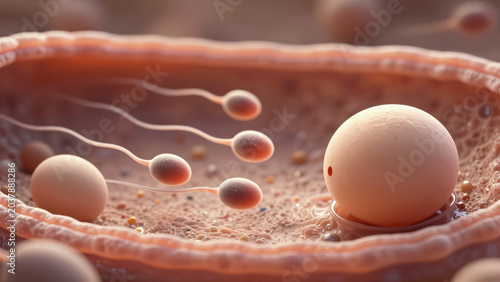  fertilization showing a sperm cell swimming toward an egg cell. This medical illustration represents human reproduction and the beginning of life