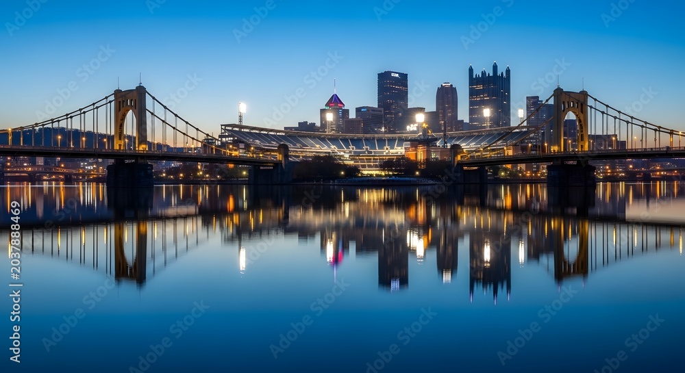Obraz premium Pittsburgh Pennsylvania Skyline at Blue Hour with Bridge Reflections