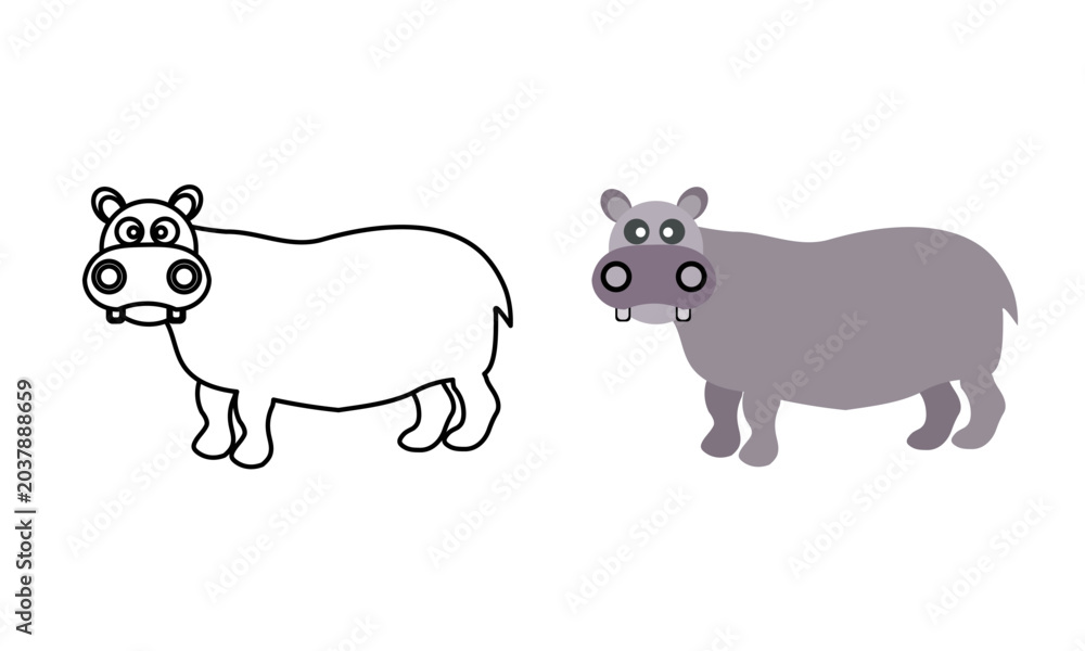 Obraz premium Flat Outline and Colored Hippo Animal Icon