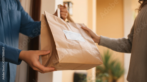 Customer receiving a kraft paper delivery bag from courier, close-up hands at home entrance, receipt label and paper handles, realistic editorial logistics photography A cropped re