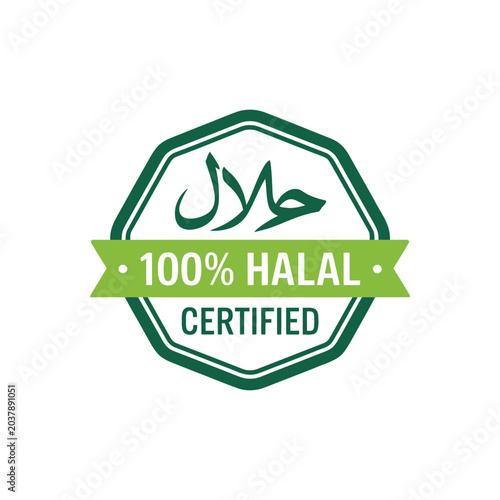 100% Halal certified badge, green hexagonal emblem with ribbon, featuring Arabic script and text, signifying religious food compliance and purity.