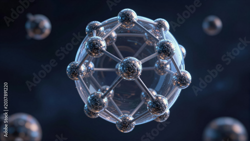 complex molecule structure with metallic sphere nodes and glass bonds. This scientific concept illustrates nanotechnology and medical research on a dark background