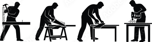 Foto Silhouette set of male carpenters working with tools, manual trade handymen proc