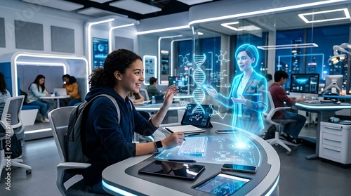 Young woman interacts with holographic display in futuristic laboratory setting.