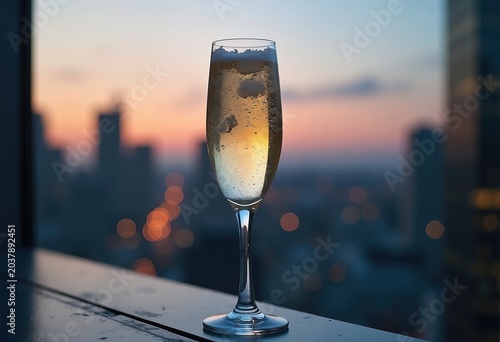 Aperitivo Hour Sparkling Champagne Flute Bubbles Rooftop Vista Gunmetal Skyline