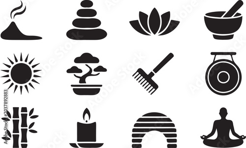 Photography Spa and wellness silhouette icon set featuring lotus flower, meditation pose, ba