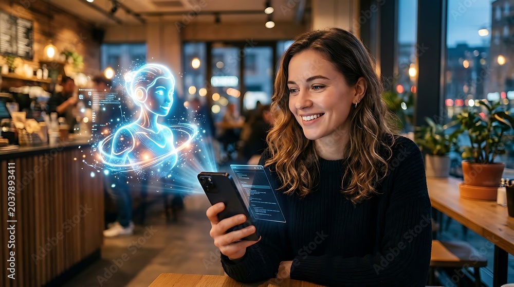 Fototapeta premium Woman interacts with holographic AI assistant on smartphone in cafe.