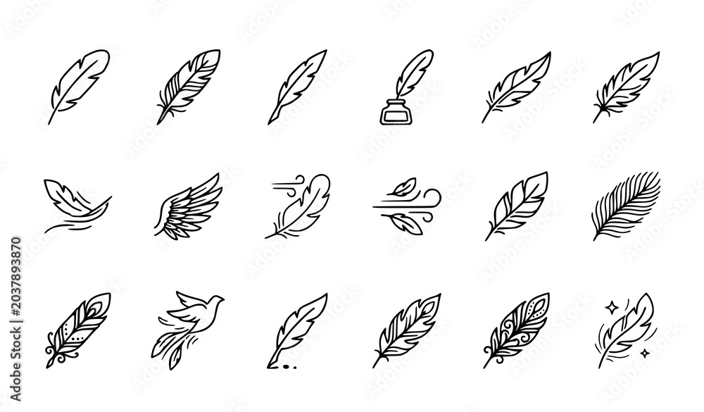 Fototapeta premium Minimal Feather Doodle Collection with Decorative Hand Drawn Feather Sketch Vector Elements