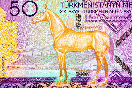 Foto 50 Turkmenistani Manat Banknote with Akhal-Teke Horse and stadium