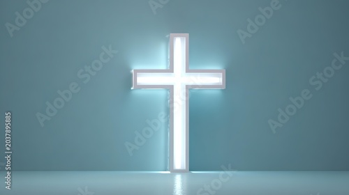 A large cross stands in a misty atmosphere with bright light shining through
