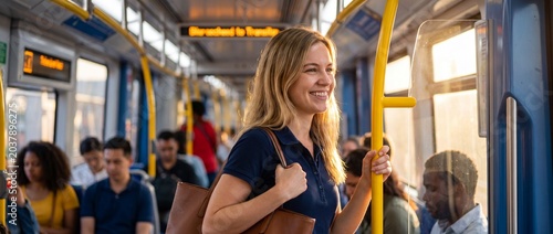 Happy young woman holding a yellow handrail on a public commuter train with passengers in background