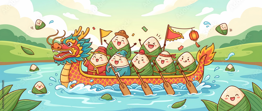 Fototapeta premium Cute cartoon dragon boat racing with zongzi for traditional Chinese Dragon Boat Festival