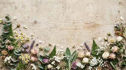 Rustic wooden background with an assortment of delicate flowers and greenery arranged along the bottom border