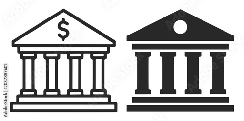Konstfotografi Set of black and white line art bank and courthouse building icons with columns