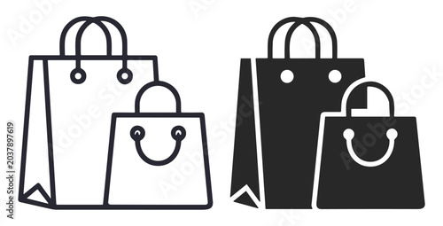 Photography Set of two shopping bag icons in outline and solid black styles with handles sui