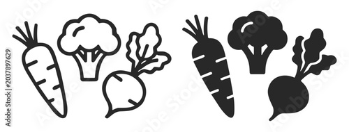 Obraz na plátně Black and white line and silhouette icons of carrot, broccoli, and beetroot vege