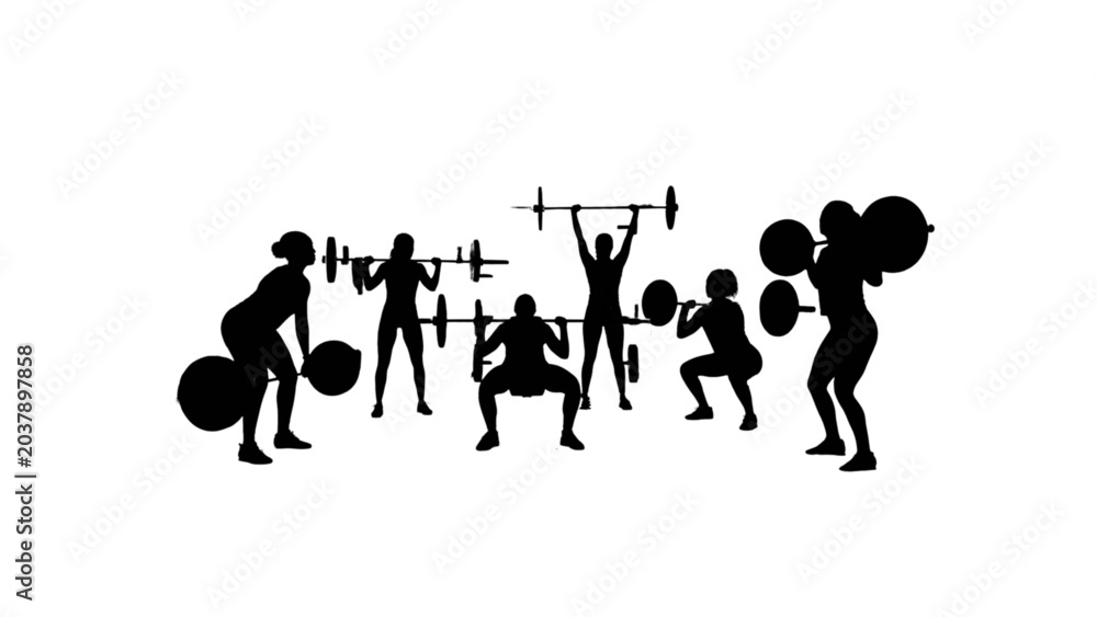 Obraz premium Group of People Performing Various Weightlifting Exercises in Silhouette Vector Illustration