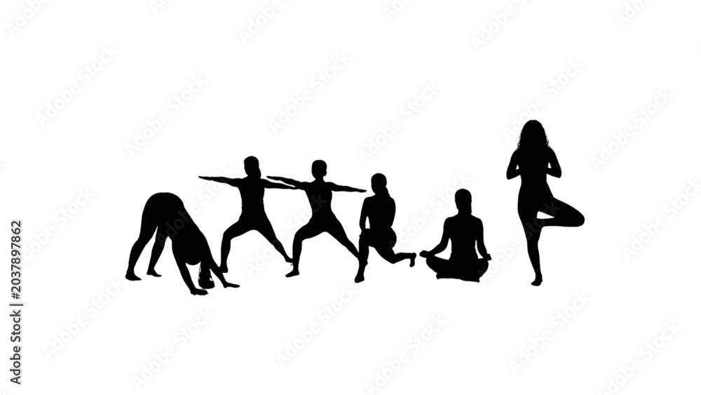 Obraz premium Group of People Practicing Various Yoga Poses Silhouettes on White Background