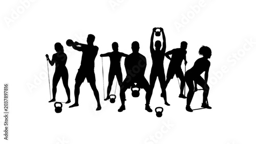 Schilderij op canvas Group of People Exercising with Kettlebells in Silhouette Fitness Workout Illust