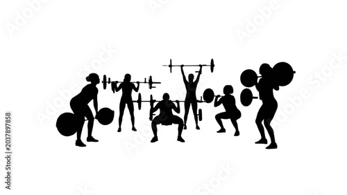 Group of People Performing Various Weightlifting Exercises in Silhouette Vector Illustration