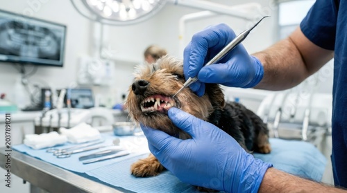 Veterinarian examining dog teeth in dental clinic. Professional veterinary dentist cleaning pet mouth with specialized tool. Animal oral healthcare, pet checkup and dental treatment.