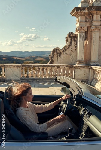 stylish young Caucasian woman driving her cabrio car AI generate