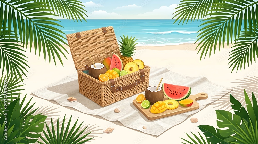 Obraz premium Summer picnic basket overflowing with fresh tropical fruits on a sandy beach with palm leaves