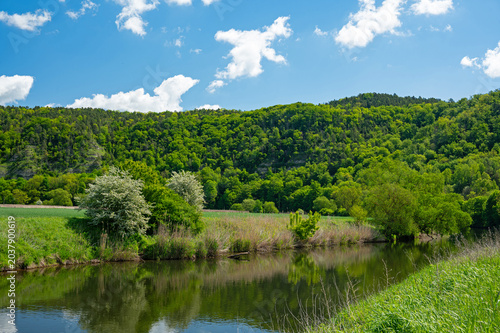 landscape in the river Werra valley near the beautiful town Creuzburg in Thuringia in Germany