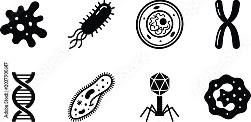 Photos Microbiology and Laboratory Science Vector Icon Set, bacteria virus DNA strand c