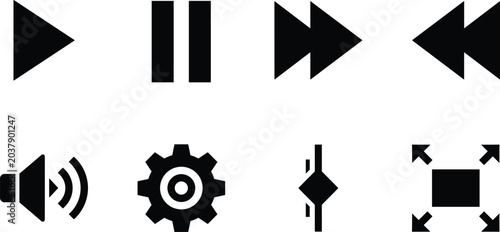 Photos Media Control and Multimedia Interface Vector Icon Set, play pause stop rewind f