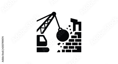 Demolition Crane And Collapsing Brick Wall Black Silhouette