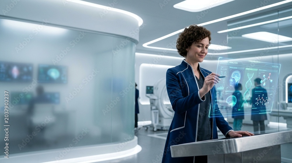 Fototapeta premium Female scientist interacting with futuristic holographic display showing DNA and brain scans in modern lab