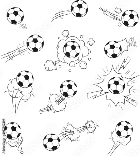 Collection of hand-drawn soccer balls in a dynamic comic book and cartoon style. The set features black and white vector illustrations of balls in motion, with speed lines, explosions, dust clouds, an