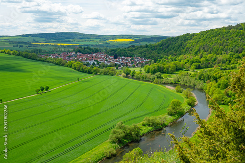 view over the river werra valley and the beautiful town Creuzburg in Thuringia in Germany