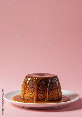 Delicious sticky toffee pudding drowned in rich caramel sauce, presented elegantly against a soft pastel pink background, sticky toffee pudding, delicacy, steamed