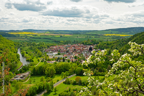 view over the river werra valley and the beautiful town Creuzburg in Thuringia in Germany