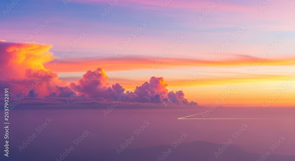 Fototapeta premium Surreal dreamscape where soft cumulus clouds meet the distant, foggy horizon, creating an imaginary ethereal boundary line at sunset, landscape, horizon, line