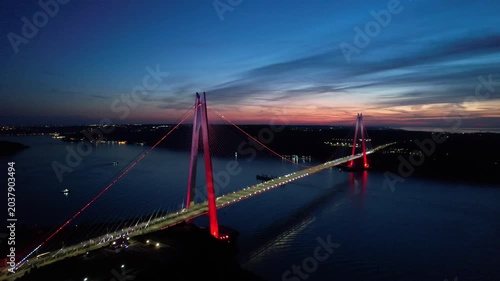 Yavuz Sultan Selim Bridge in Istanbul, Turkey. Aerial view at sunset with drone. Colorful bridge and weather.